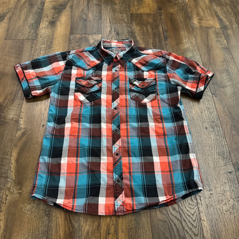 BKE Slim Fit Western Shirt Mens XL Plaid Short Sleeve Pearl Snap Blue Red Cotton